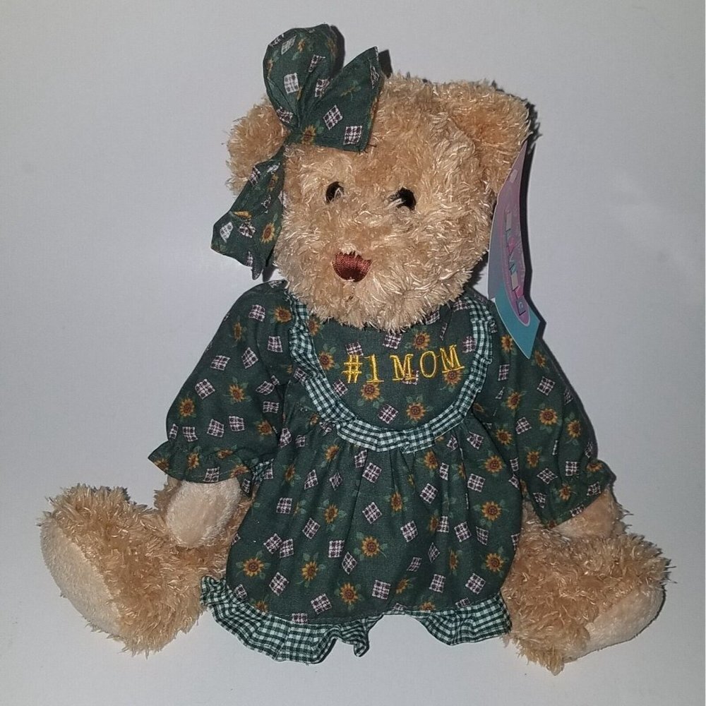 VTG #1 MOM Teddy Bear Plush Playville w/TAG Mother's Day Gift Fine Toy Green Tan